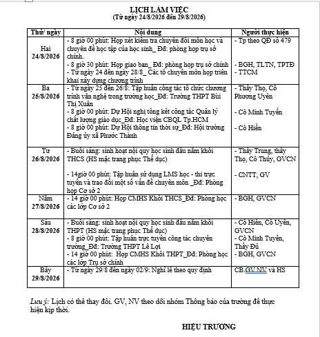 Lịch làm việc