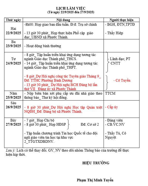 Lịch làm việc