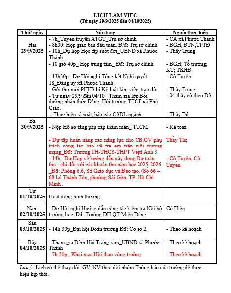 Lịch làm việc