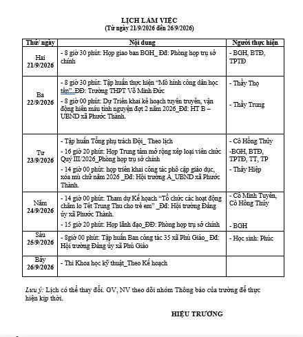 Lịch làm việc