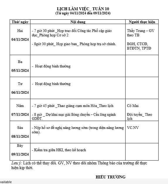 Lịch làm việc