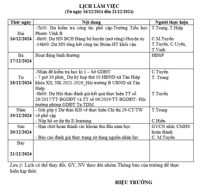 Lịch làm việc