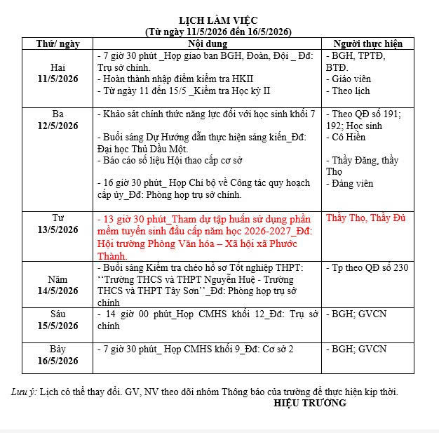Lịch làm việc