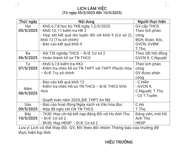 Lịch làm việc