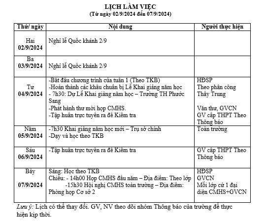 Lịch làm việc