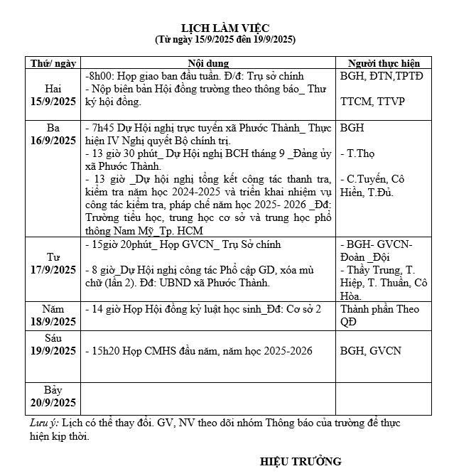 Lịch làm việc